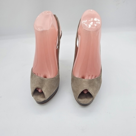 Michael Kors taupe Suede Peep Toe Slingback Stiletto Platform Heels Size 8.5M - Picture 2 of 13
